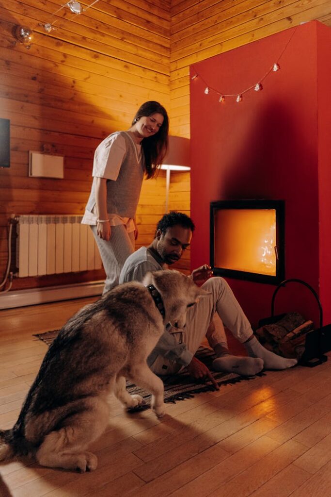 Services 2 A couple enjoys a warm winter evening indoors with their dog by the fireplace.